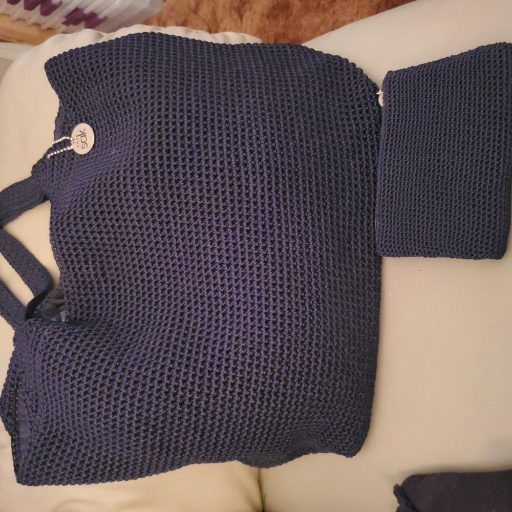 The Sak Dark Blue Knit Tote with Charm And Matching Wallet